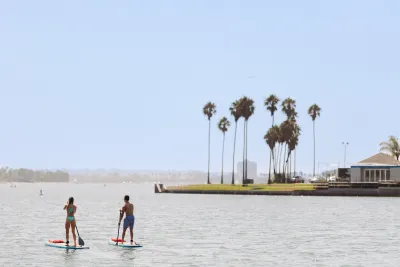 Two people are stand-up paddleboarding on calm waters of Mission Bay near a shoreline with palm trees and a building under a clear sky.