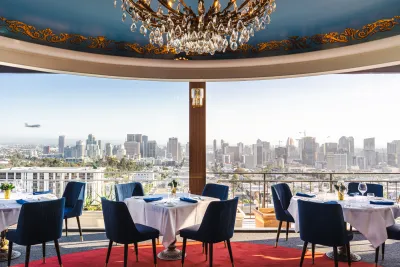 Dining room at Mister A's with the skyline in the backgroung